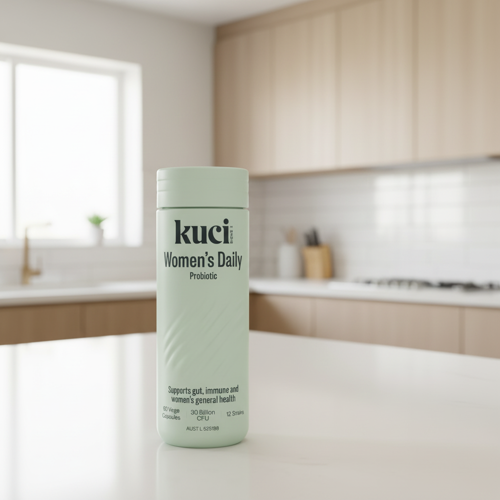 Kuci Women's Daily Probiotic container in a modern kitchen